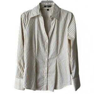 Express Button Down Long Sleeve Gold Striped V-Neck Blouse Women’s Size M